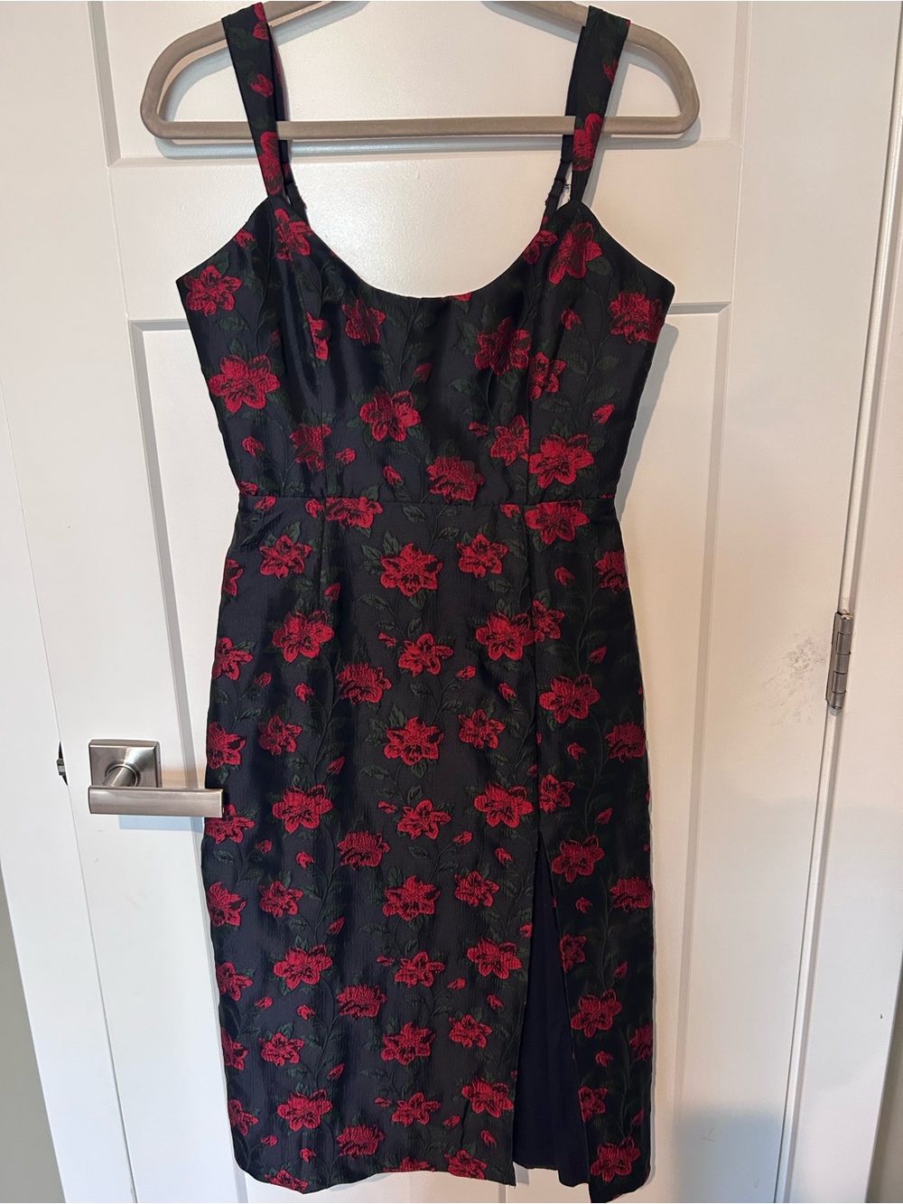 Lulu's Black Midi Dress with Red Floral Embroidery